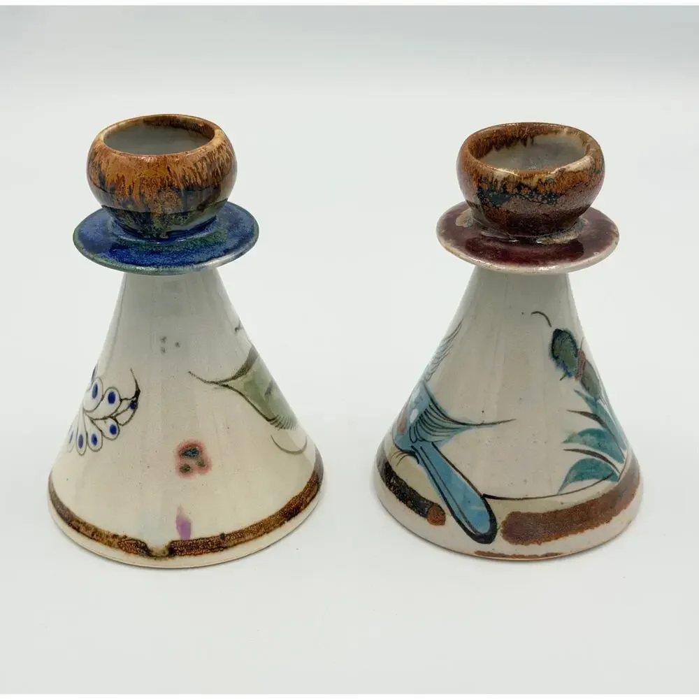 Folk-Art Ken Edwards Palomar Tonala Pottery Hand Painted 2pc Set Candle Holders